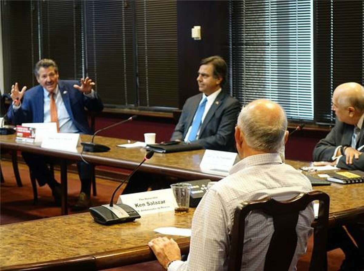 Laredo Mayor Pete Saenz, left, is pictured speaking to United States Ambassador to Mexico, Ken Salazar, bottom, this week.