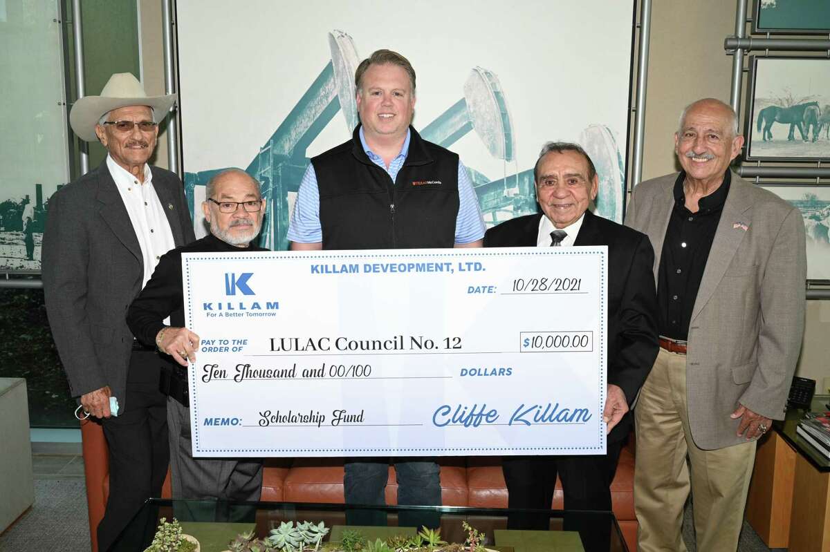 Andy Ramos, LULAC Council #12 President Jose Gamez, Tejano Achiever Award Honoree Cliffe Killam, Tejano Achiever Awards Committee Chair Ed Bueno and Adolfo Gonzalez, gather for a photo as Killam donates $10,000 to the LULAC Council#12 Scholarship Fund, Friday, Oct 29, 2021 at the Killam Companies office.