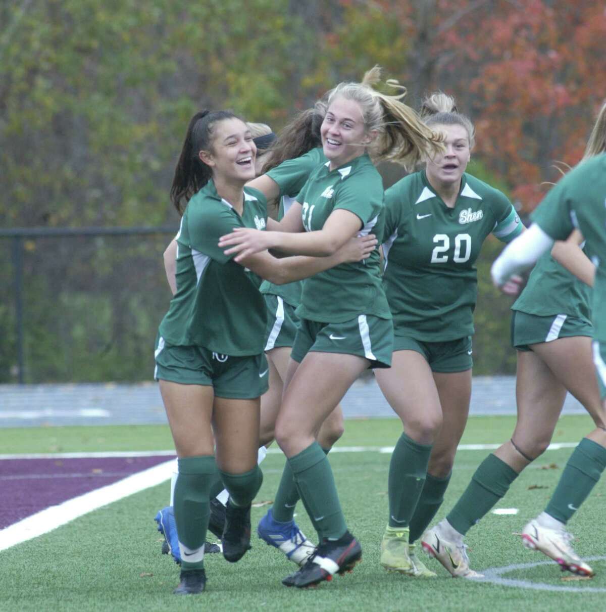 Georgia Greene, left, and Ella White, celebrate Greene’s first-half goal, which was the difference in Shenendehowa’s 1-0 victory over Columbia in the Class AA final at Stillwater High School on Oct. 30, 2021.