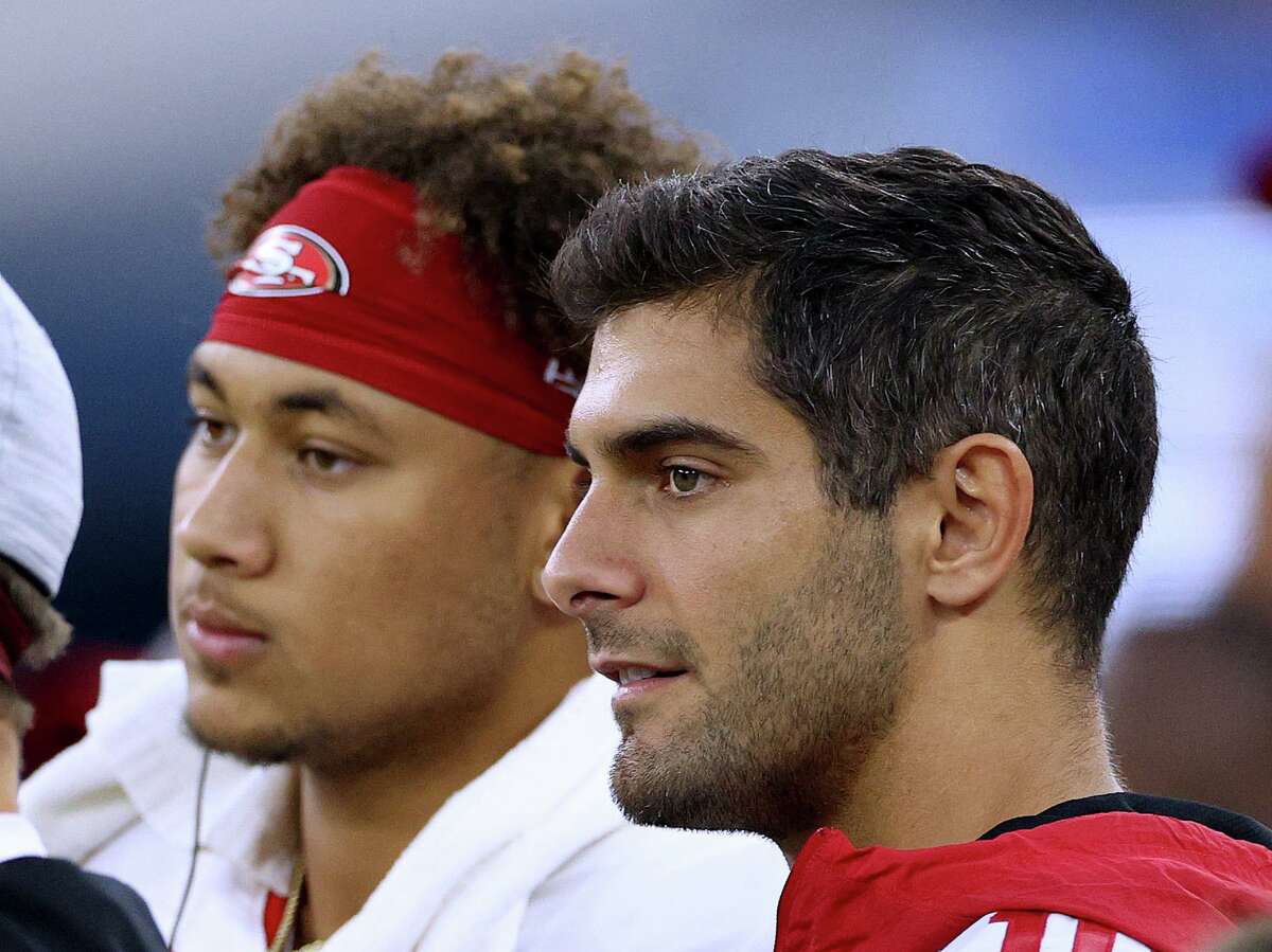 QB Jimmy Garoppolo (front) will be backed up by Trey Lance (back) when the 49ers face the Bears at 10 a.m. Sunday in Chicago. ( Channel: 2Channel: 40)