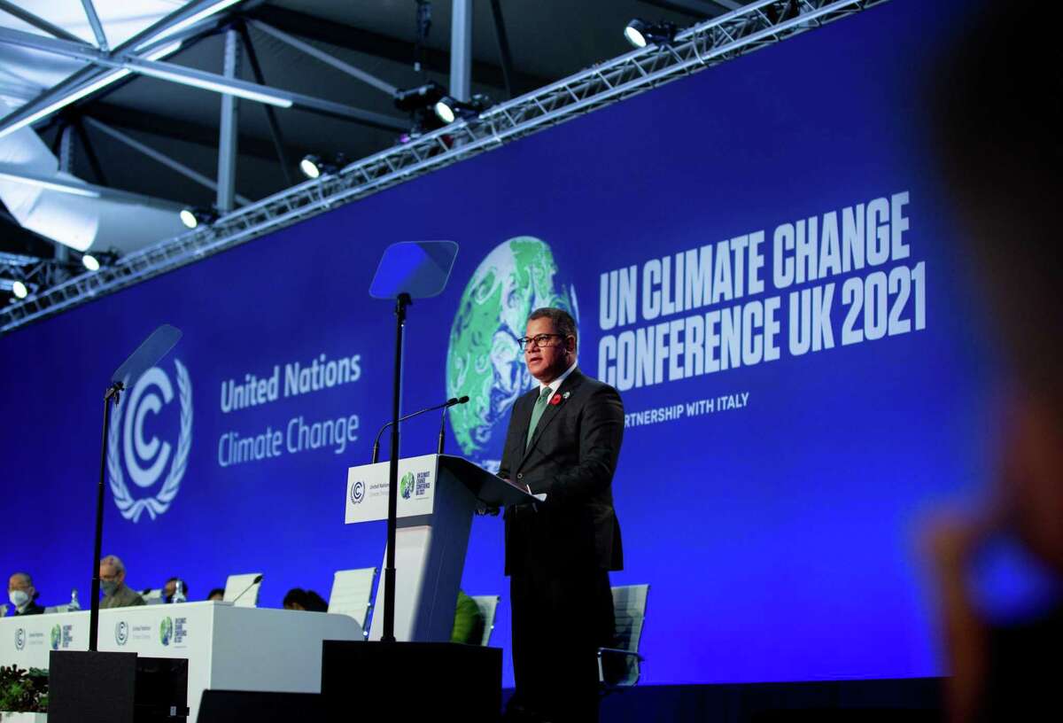 Alok Sharma, president of COP26, delivers the opening remarks during the COP26 UN Climate Change Conference in Glasgow, U.K., on Sunday, Oct. 31, 2021. The price of oil this week will be influenced this week by how world leaders finesse the long-term challenge weaning the global economy from fossil fuels against short-term supply shortages that are driving prices higher.