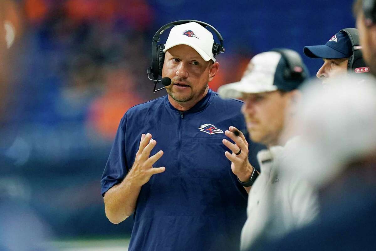 UTSA head coach Jeff Traylor talks while standing along the sideline during the second half of the team's NCAA college football game against Lamar, Saturday, Sept. 11, 2021, in San Antonio.