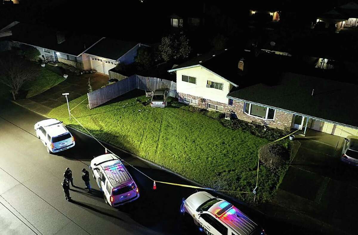 In a photo provided by Clark County Sheriff’s, an aerial drone shows the scene where Clark County Sheriff's Office deputies shot 30-year-old Jenoah Donald on Feb. 4, 2021, in Washington state. Over the past five years, a New York Times investigation found, police officers have killed more than 400 drivers or passengers who were not wielding a gun or a knife, or under pursuit for a violent crime — a rate of more than one a week. (Clark County Sheriff's Office via The New York Times) -- EDITORIAL USE ONLY --