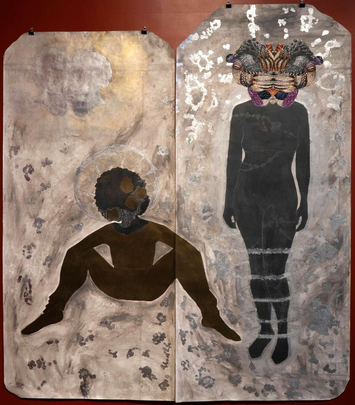 Alisa Sikelianos-Carter's "Afronauts and Ancestors," 2017. Acrylic, gouache, ink, micaceous oxide, silver foil glitter, white coarse mica, abalone shell, and collage on paper. (Photo William Jaeger)