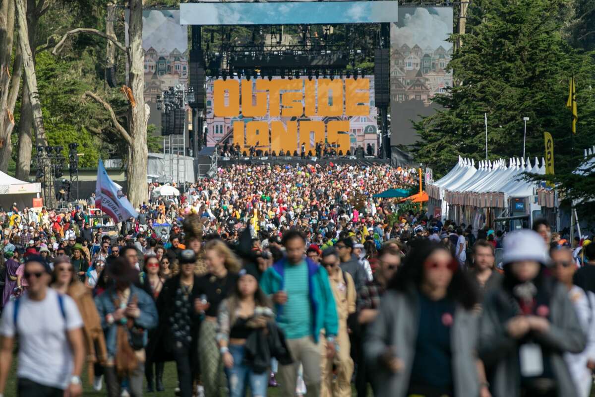 Crowds make their way from Twin Peaks at Outside Lands in Golden Gate Park in San Francisco on Oct. 31, 2021.
