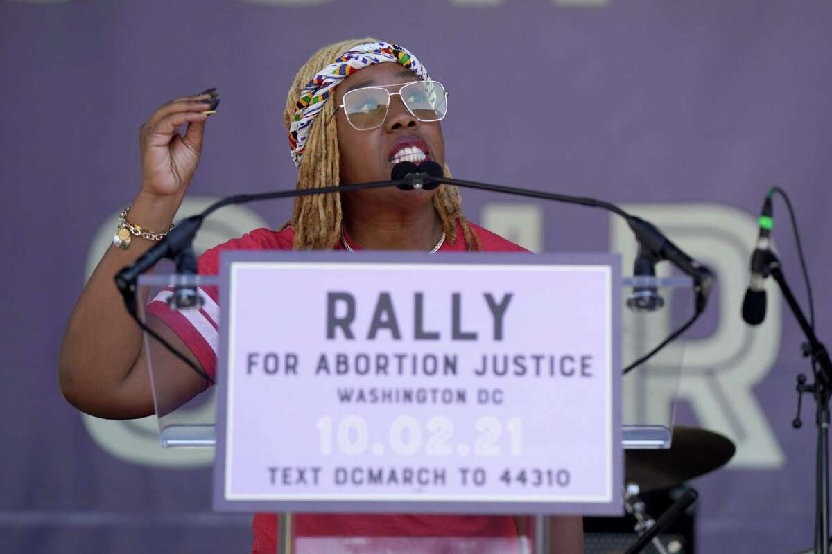 WASHINGTON, DC - OCTOBER 02: Kenya Martin speaks onstage at the Rally For Abortion Justice on October 02, 2021 in Washington, DC. (Photo by Leigh Vogel/Getty Images for Women's March)