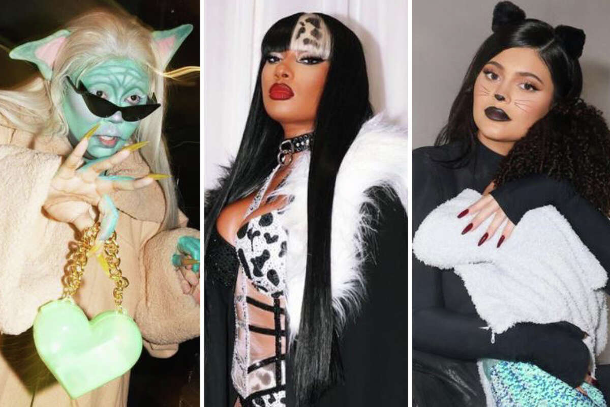Lizzo (left), Megan Thee Stallion (center) and Kylie Jenner (right) were just some of the Houston-area celebs who dressed up for Halloween.