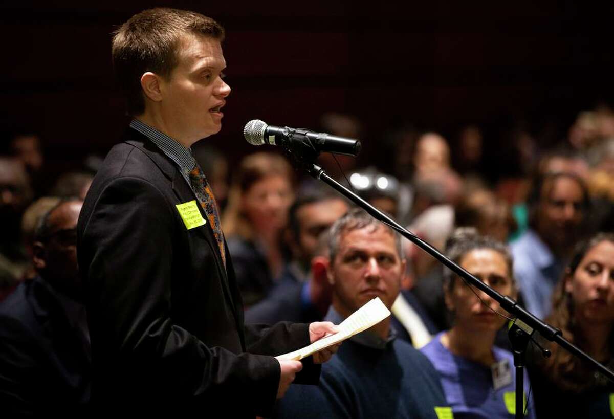 Evan Minton addresses the UC Board of Regents during public comment at their meeting on May 15, 2019, in San Francisco. , Calif. The regents listened from supporters and opponents of a proposed partnership between UCSF and Dignity Health. Minton is transgender man who said he was refused a hysterectomy at a Dignity Health hospital. The U.S. Supreme Court Monday allowed his lawsuit to go forward.