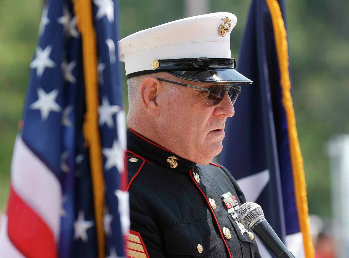 MSgt US Marines Retired Brian Hampton speaks at a Memorial Day ceremony at the Montgomery County Veteran’s Memorial Park May 31, 2021 in Conroe. This year’s Memorial Day ceremony is set for 11 a.m. May 30 at the Montgomery County Veteran’s Memorial Park