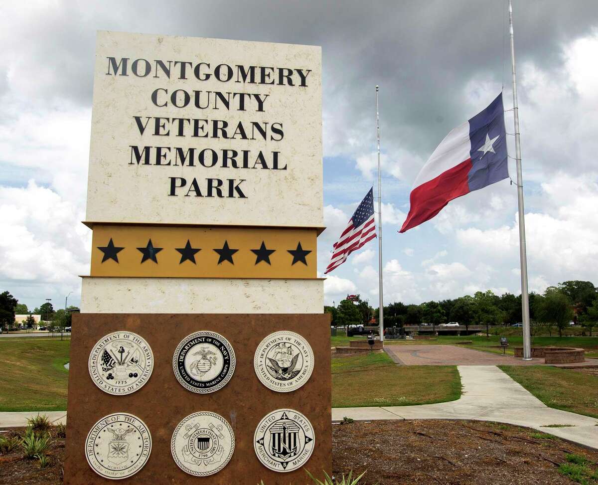Flags at the Montgomery County Veteran’s War Memorial Park are flown at half-staff in tribute to the 13 U.S. soldiers who died in Thursday’s Kabul airport attacks in Afghanistan, Friday, Aug. 27, 2021, in Conroe. A Veterans Day tribute will take place at the park at 11 a.m. on Nov. 11.