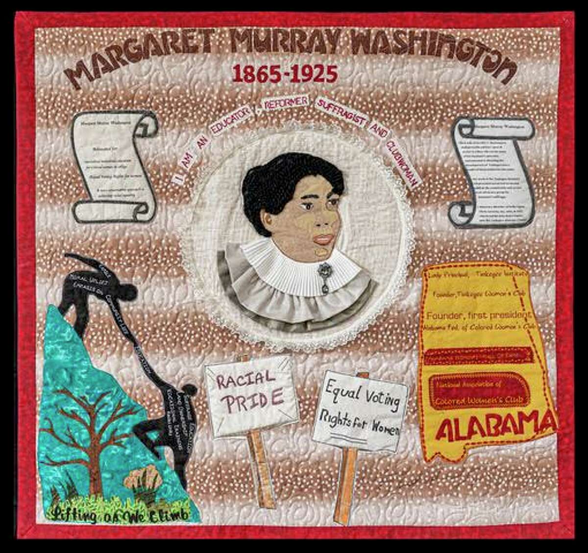 This quilt titled "Margaret Murray Washington" came from Karen Robinson of San Antonio and is a visual statement acknowledging Washington's role in the battle for women's voting rights.