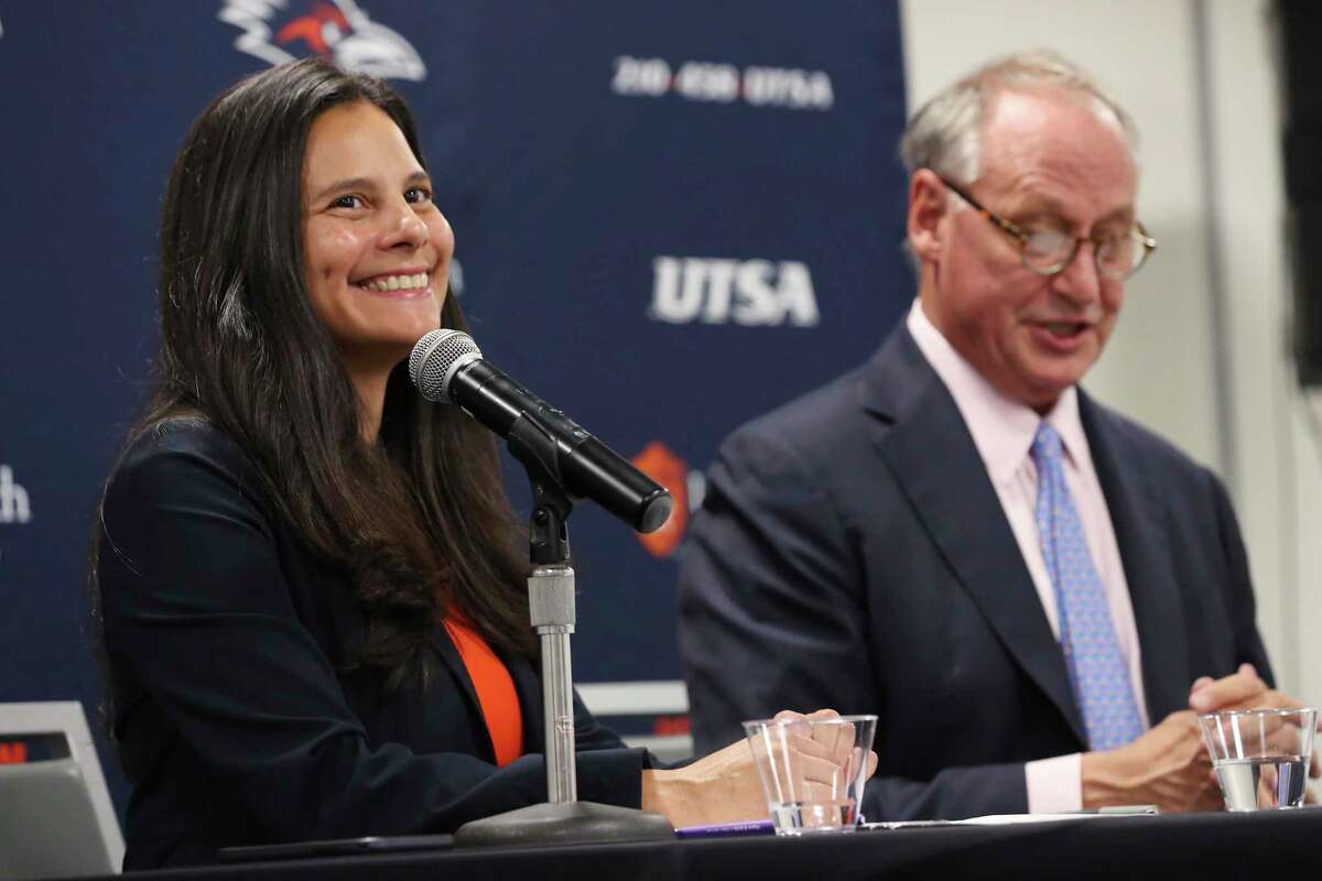 UTSA Athletic Director Lisa Campos and President Taylor Eighmy address the media during a conference on the university joining the American Athletic Conference, Thursday, Oct. 21, 2021.