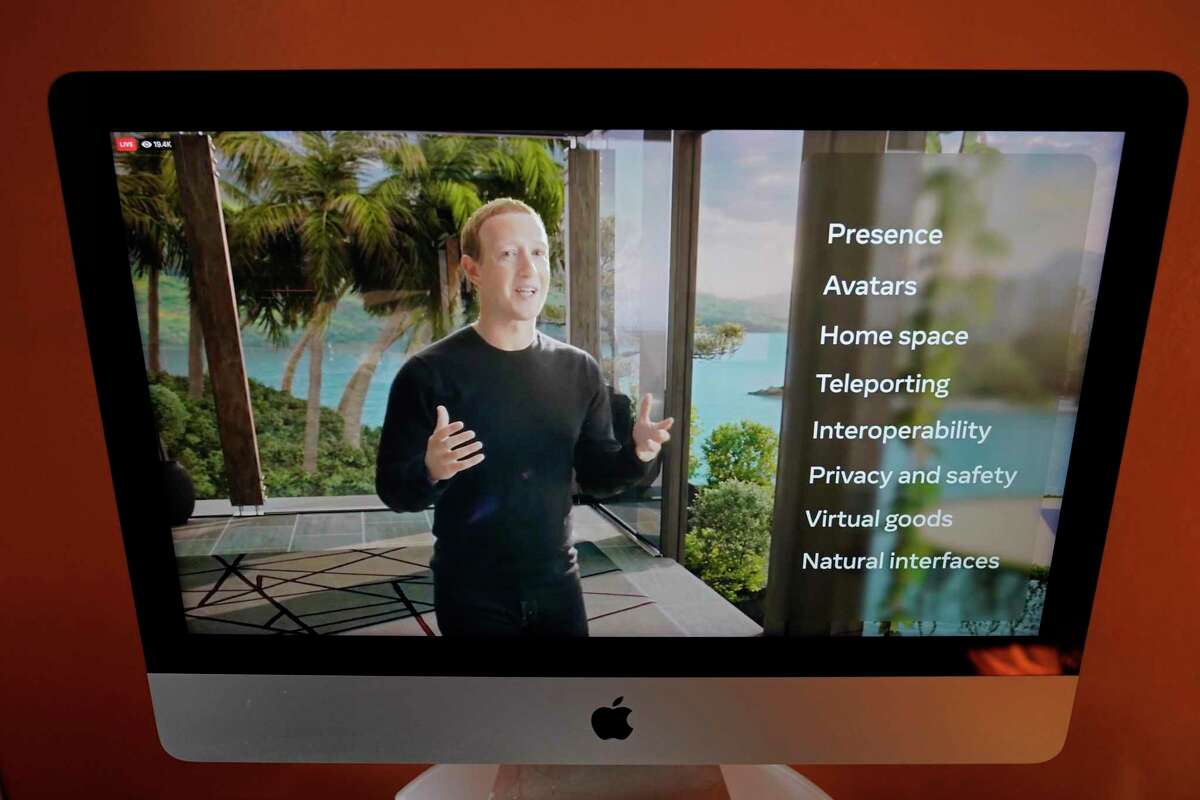 Seen on the screen of a device in Sausalito, Calif., Facebook CEO Mark Zuckerberg delivers the keynote address during a virtual event in October. San Francisco’s largest office landlord said the company is looking for office expansion in the Bay Area.
