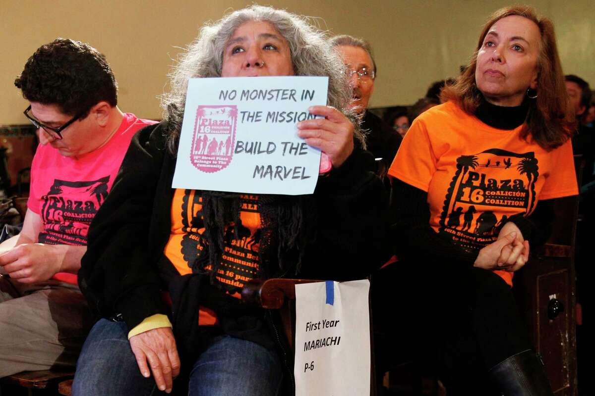 Critics of the housing development known as the “Monster in the Mission” at a 2019 community meeting. After years of dialogue about the fate of the property, the city is poised to take control of it and develop affordable housing.
