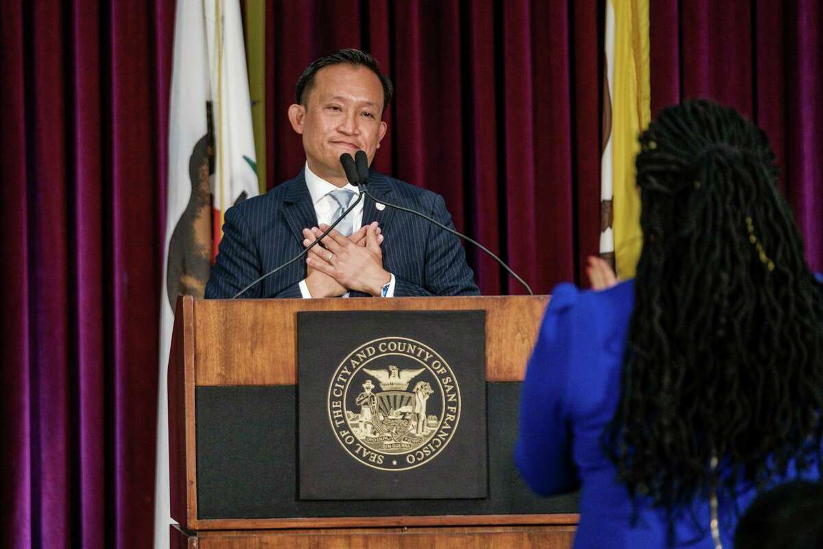 Newly sworn-in City Attorney David Chiu addresses the crowd. Before the ceremony, he said, “It is a really special moment for my family and for me to be able to serve the city that I love.”