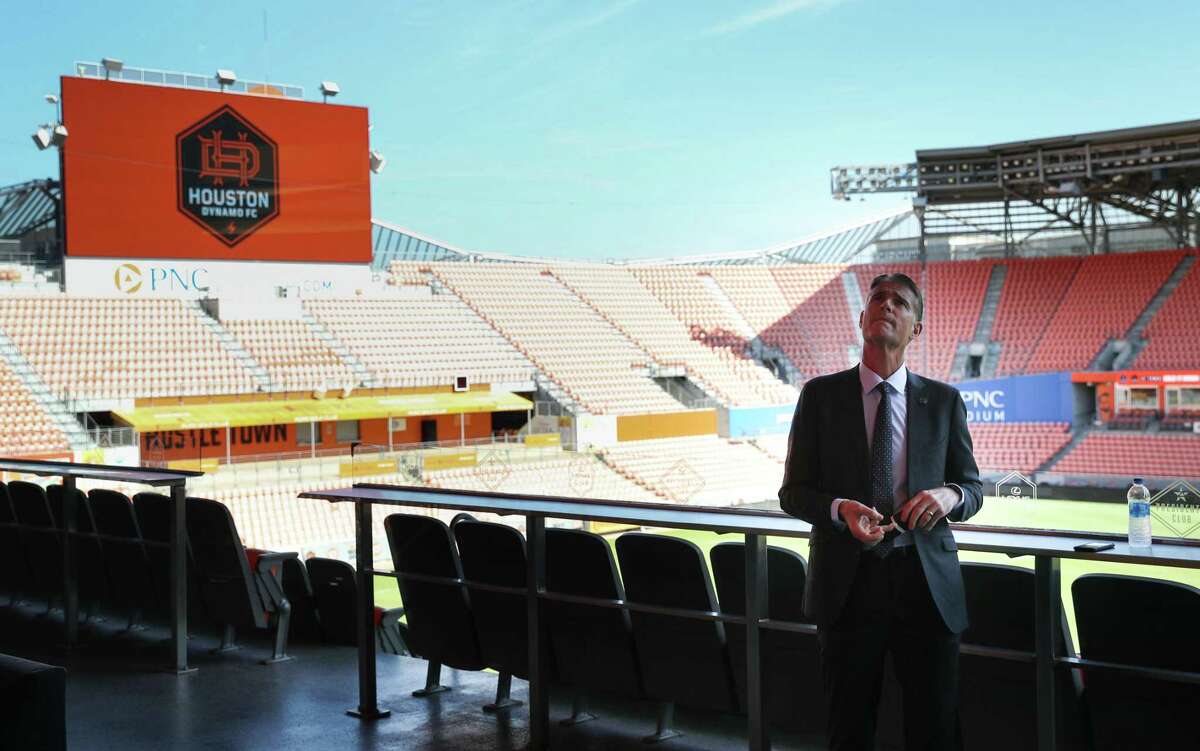 Pat Onstad, the new general manager for Houston Dynamo FC, looks around the stadium before a press conference to introduce him as the new general manager Monday, Nov. 1, 2021, at PNC Stadium in Houston.