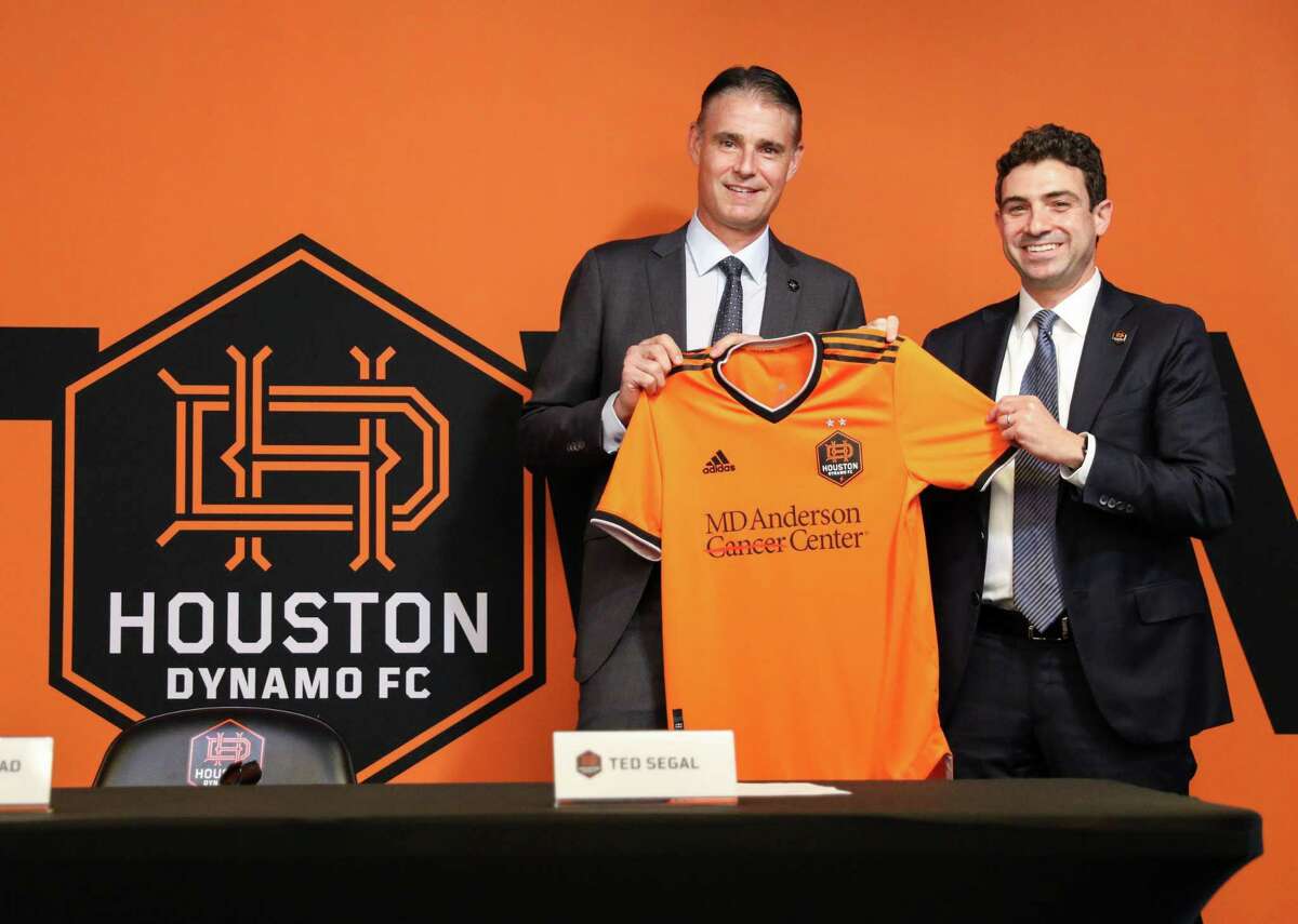 Pat Onstad, the new general manager for Houston Dynamo FC, left, and Ted Segal, the club’s owner, pose for a photo during a press conference to introduce Onstad as the new general manager Monday, Nov. 1, 2021, at PNC Stadium in Houston.