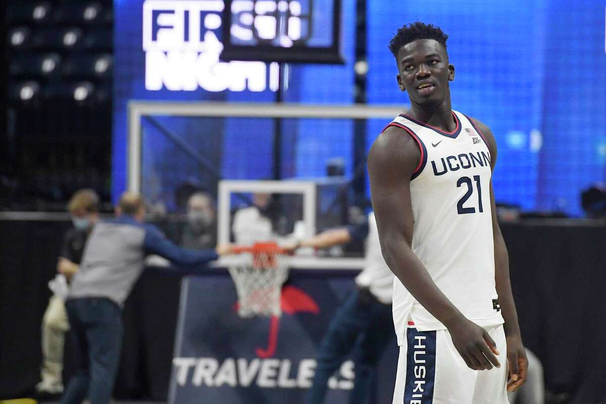 UConn’s Adama Sanogo watches First Night events on Oct. 15 in Storrs.