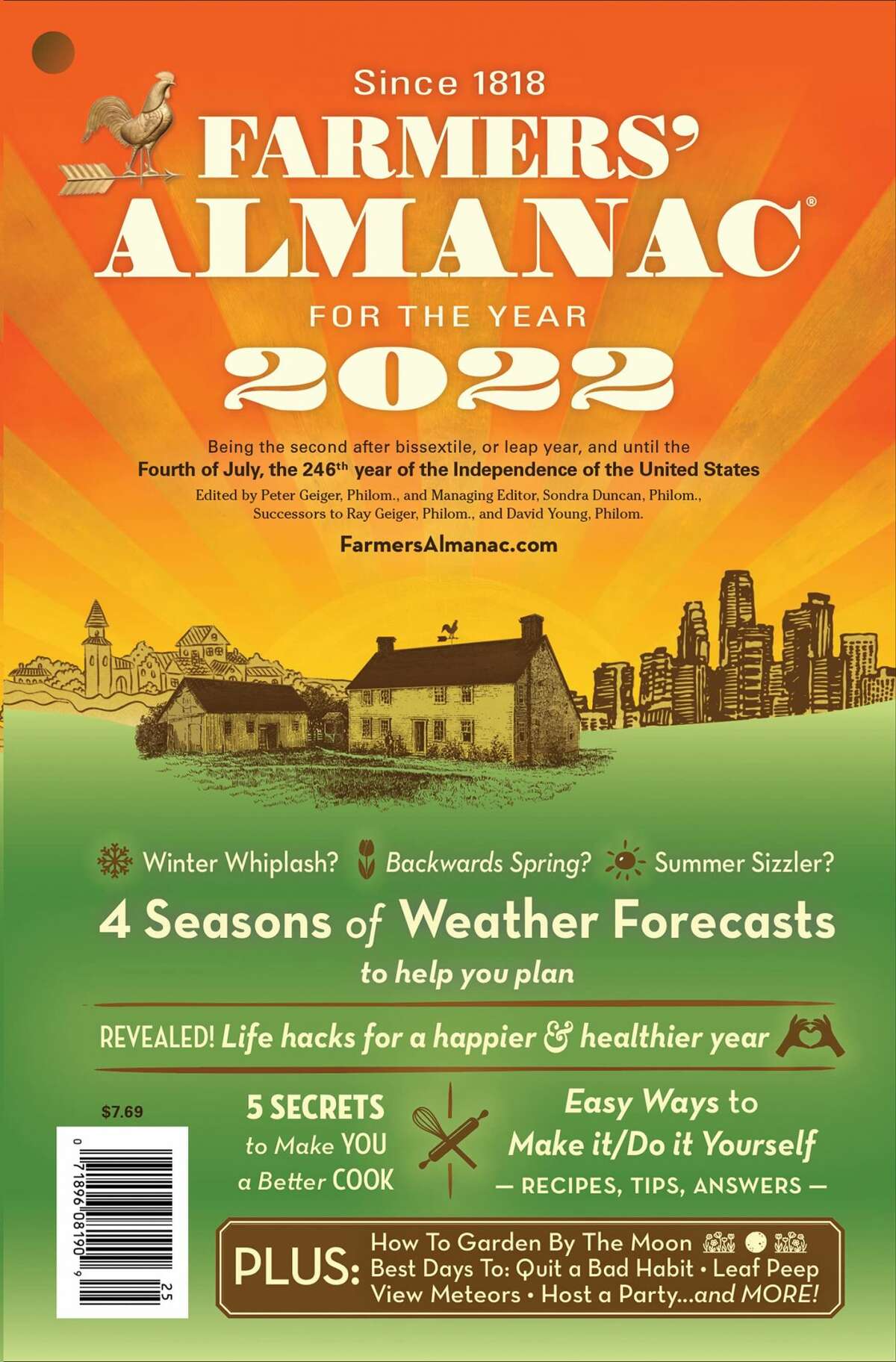 Cover of 2022 Farmers’ Almanac. January is expected to begin mild with rain and wet snow, followed by 2-5 inches of snow possible in a storm at the end of the month, according to the publication.