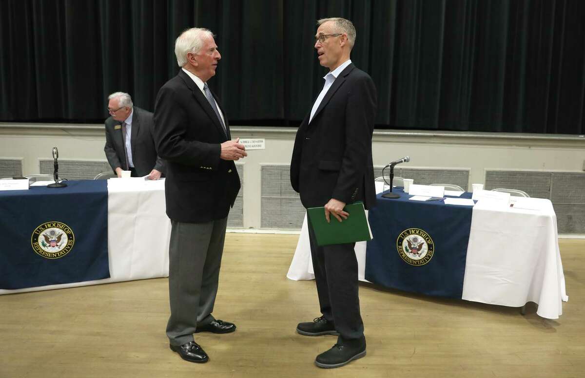 Rep. Mike Thompson (left) talks with Rep. Jared Huffman (right) before a community meeting on Feb. 20, 2019, in Santa Rosa. In the latest visualizations of potential congressional district maps, Huffman would be drawn into Thompson’s district and out of the North Coast region he currently represents.