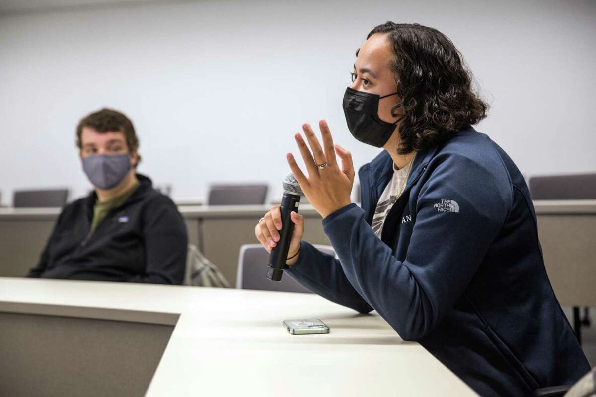 Telesia Hunkin, a law student at UC Hastings, attends a meeting on campus on Monday discussing whether to get rid of the school’s name, Hastings, which honors a man who helped to commit genocide against Native Americans.