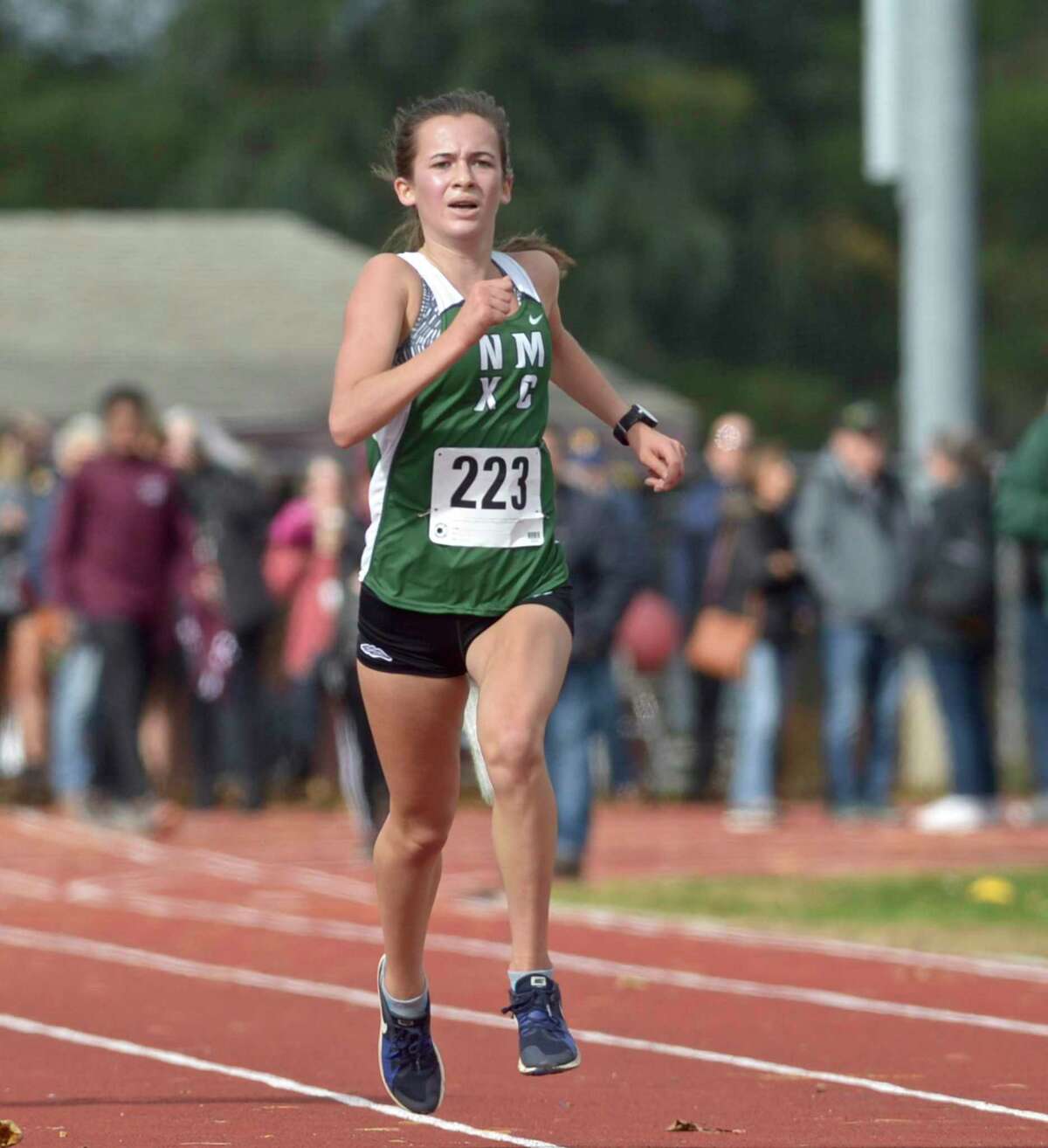 New Milford’s Claire Daniels finished second in the girls SWC cross country championship race on Oct. 18, 2019, at Bethel High School in Bethel.