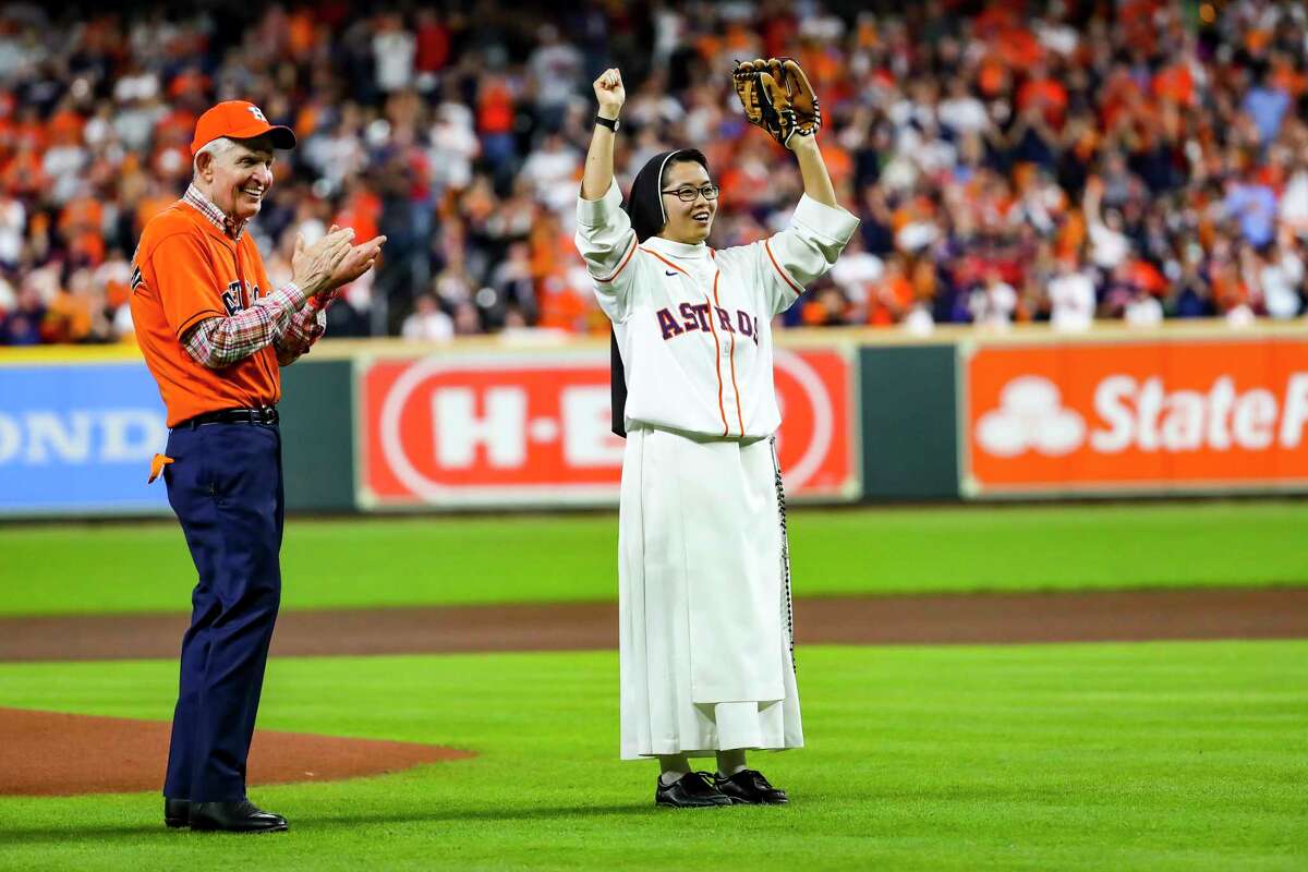 Rally Nun' does the Kyle Tucker stretch before throwing first pitch at World  Series