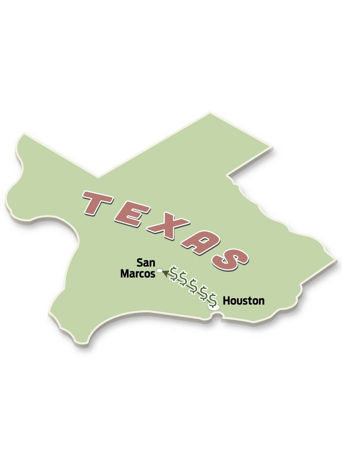 Tilted map of Texas, arrow with dollar signs flowing from Houston to San Marcos