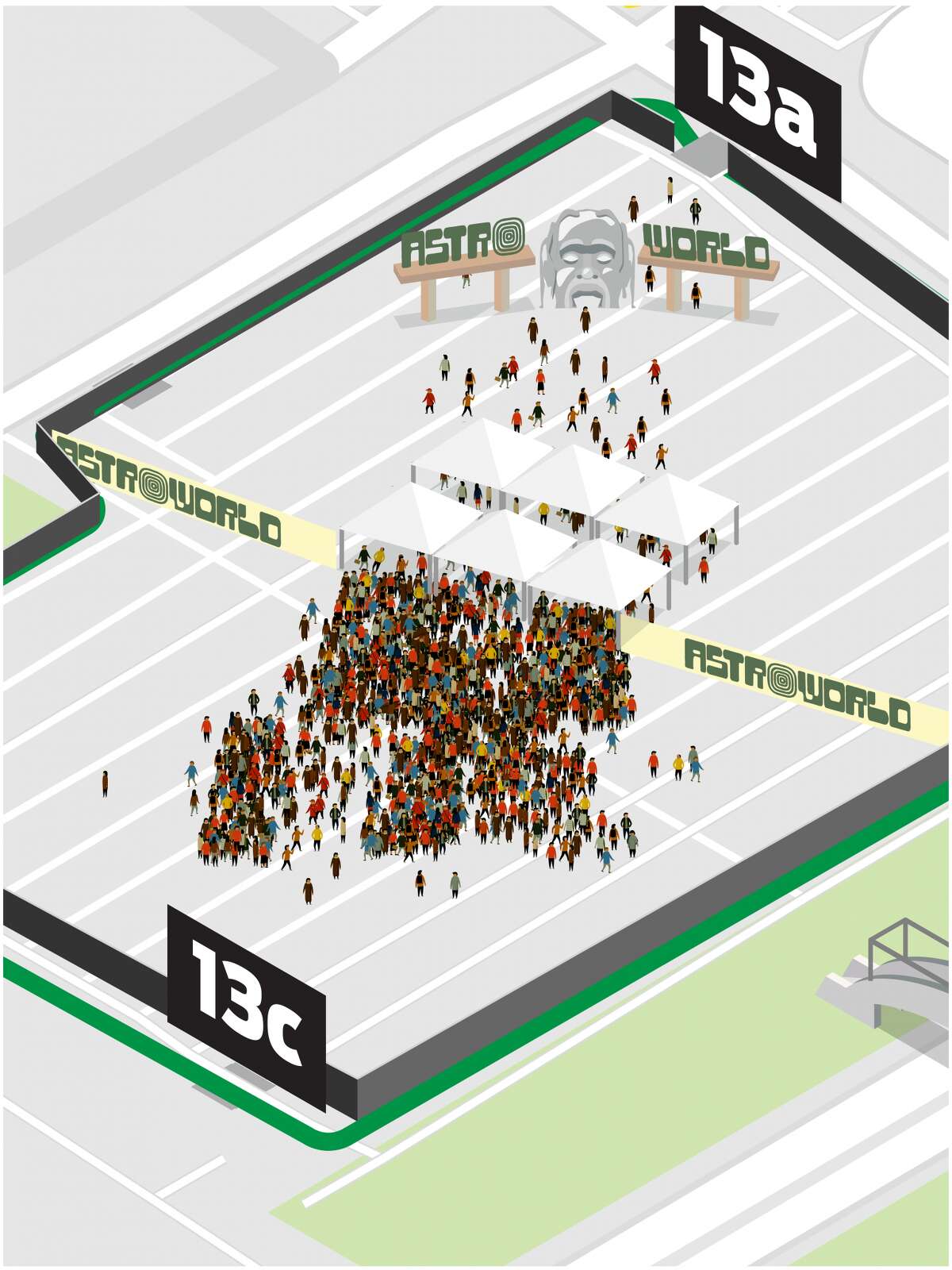 Illustration of main entrance gate being breached by concertgoers