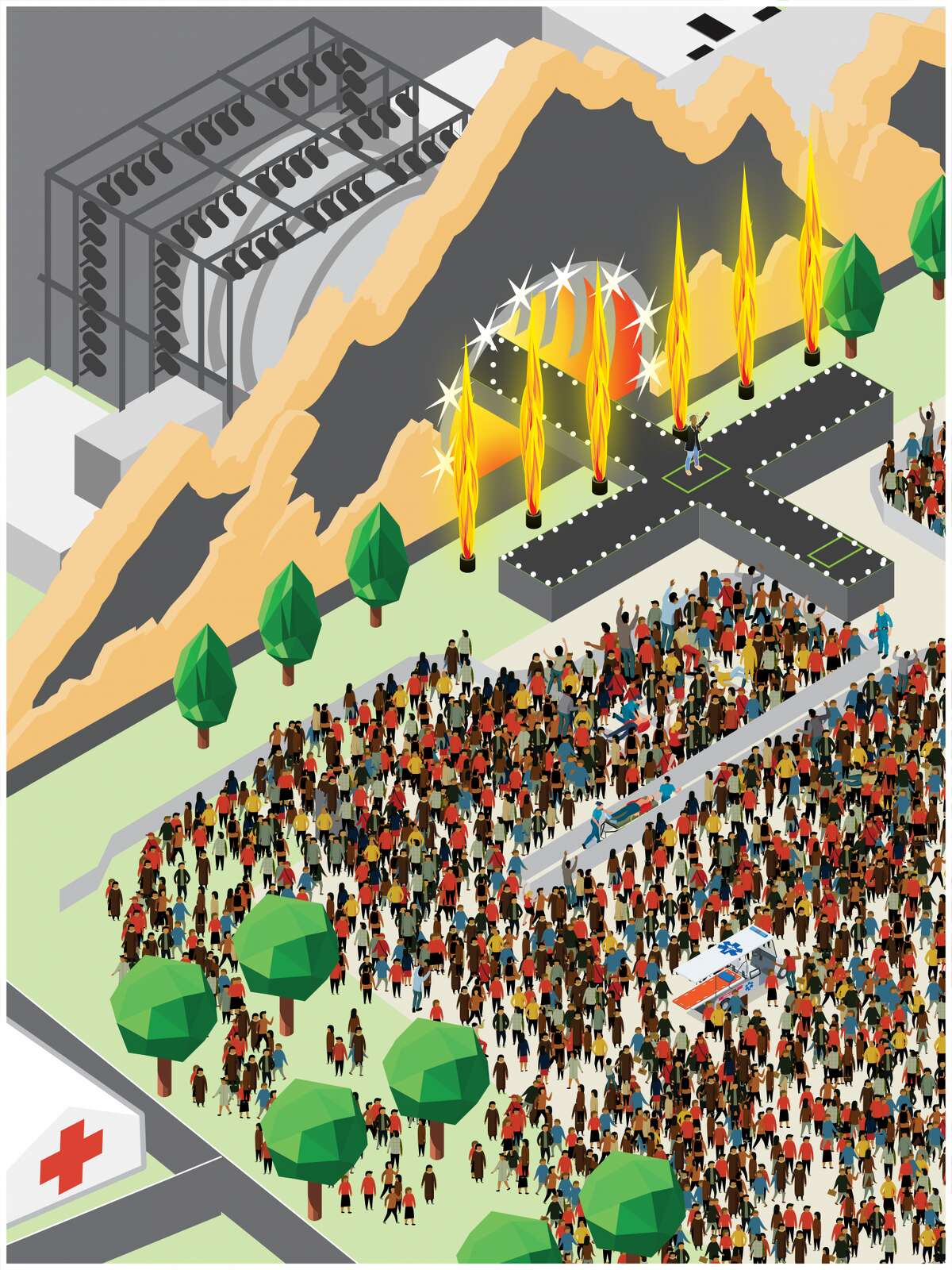 Illustration of crowd, Scott, paramedics and medical cart in crowd.