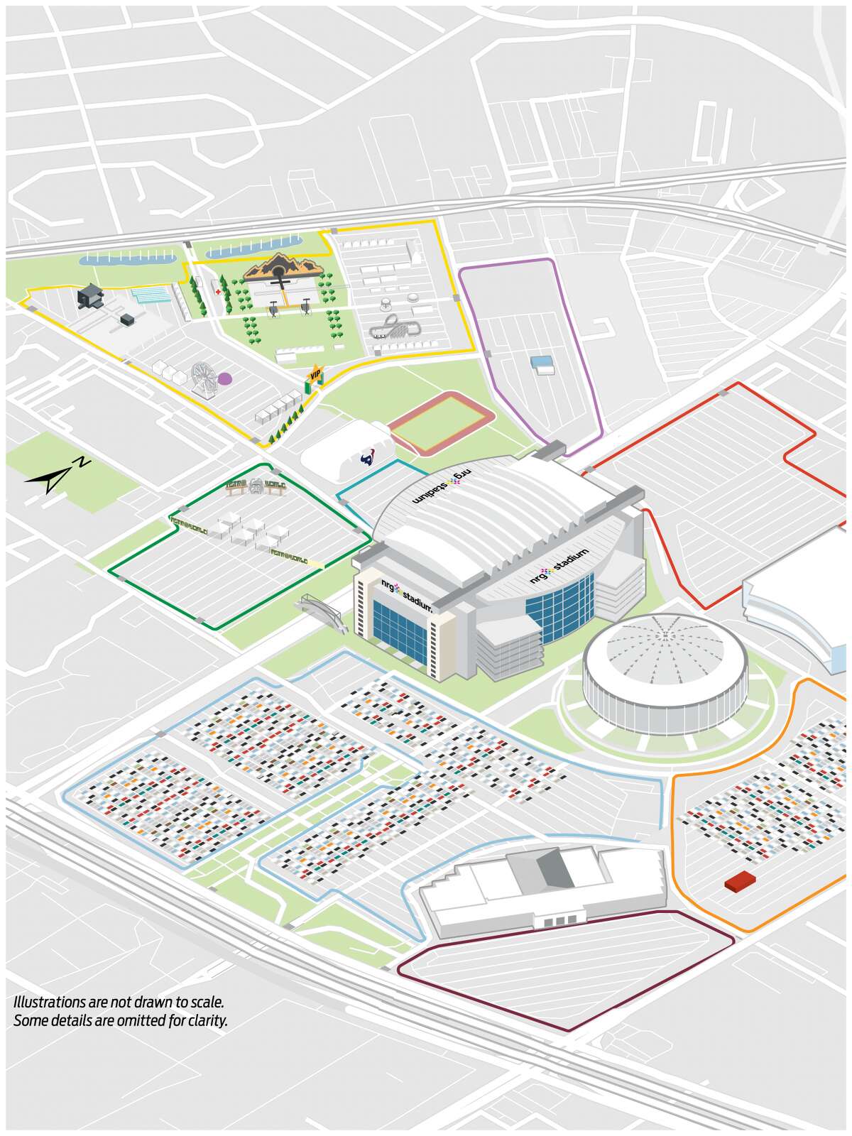 Illustration of the layout of Astroworld including NRG stadium and parking lots
