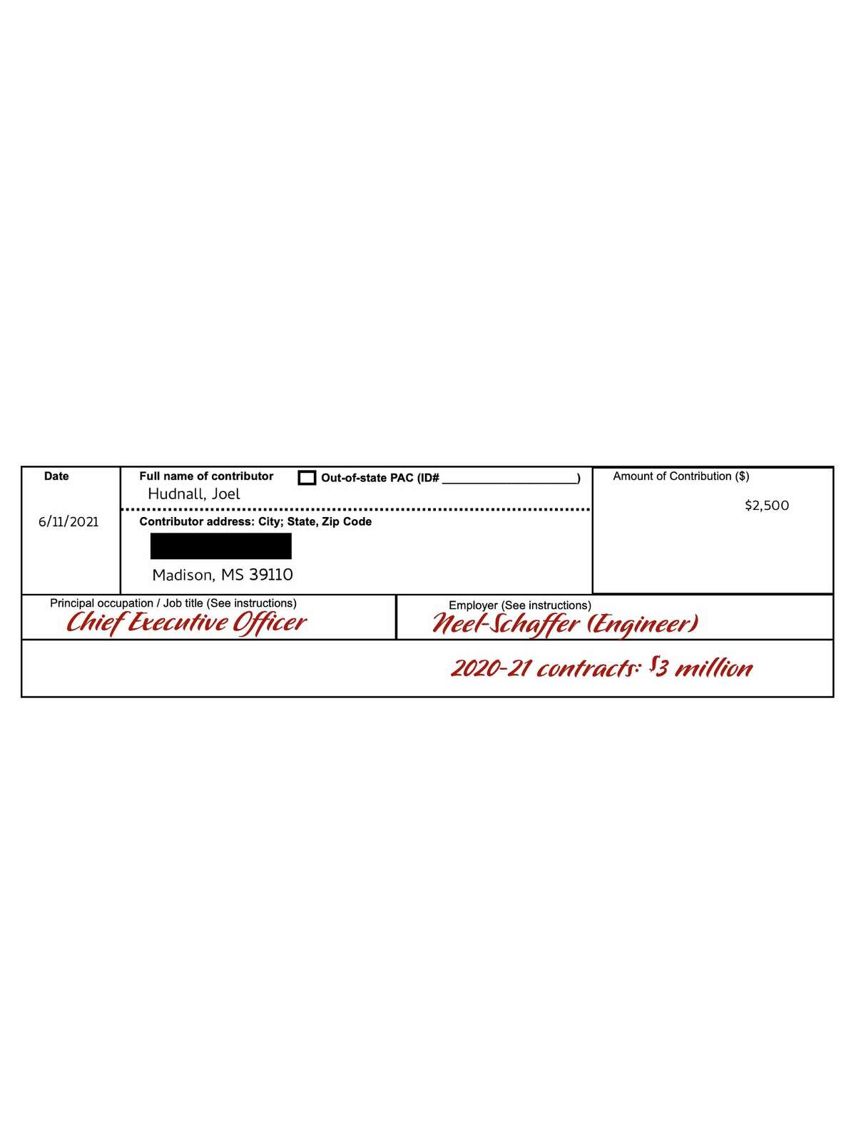 Same campaign contribution form filled out with actual company name and contribution amount