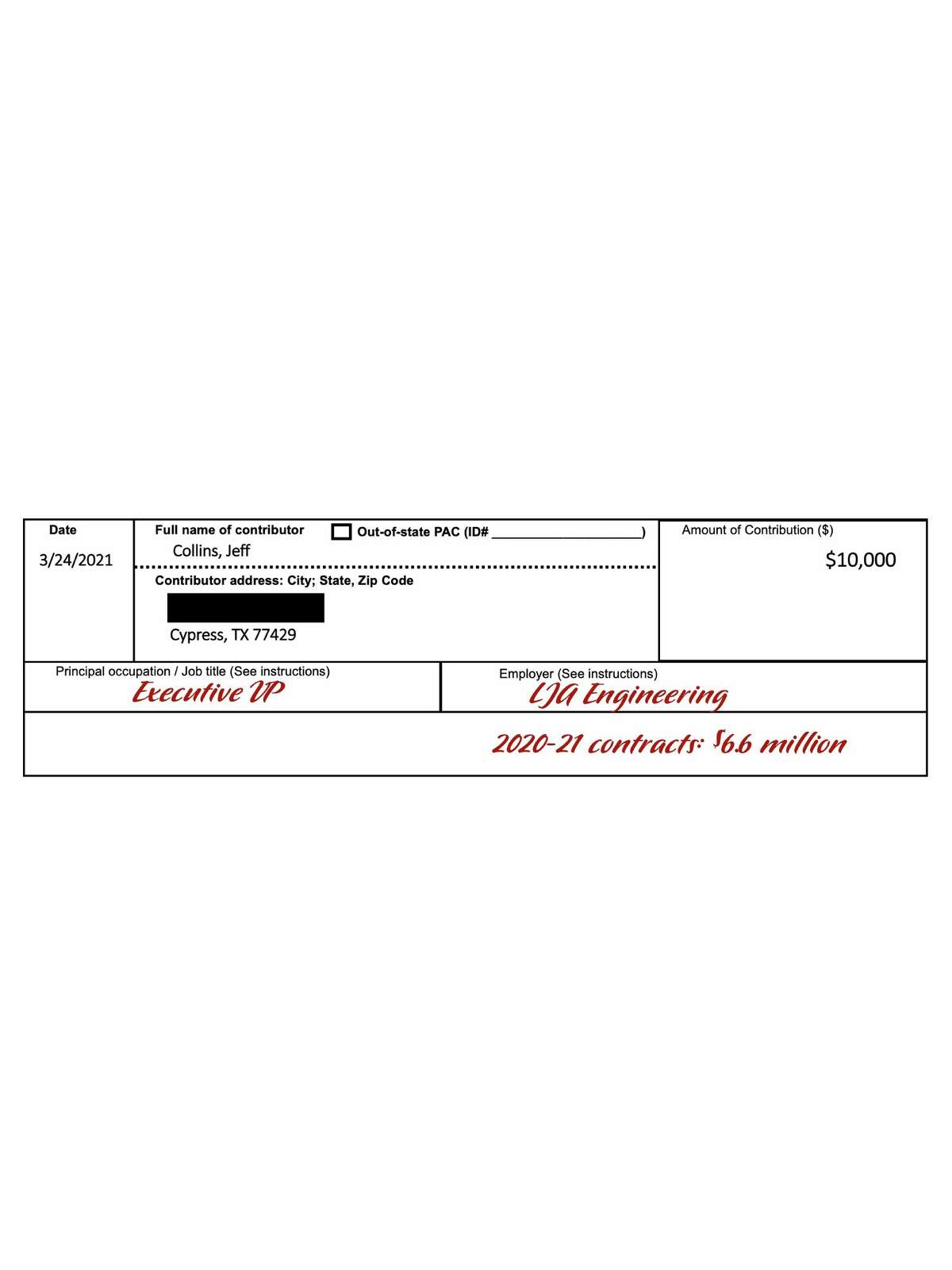 Sam campaign contribution form filled out with actual company name and contribution amount