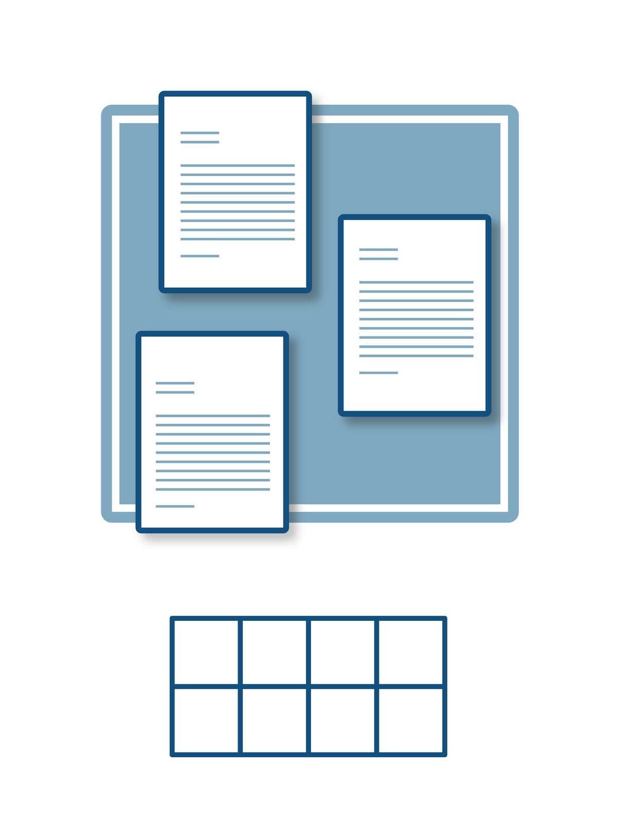 Illustration highlighting the second type of process, papers with words and specialized skill icons, added box below