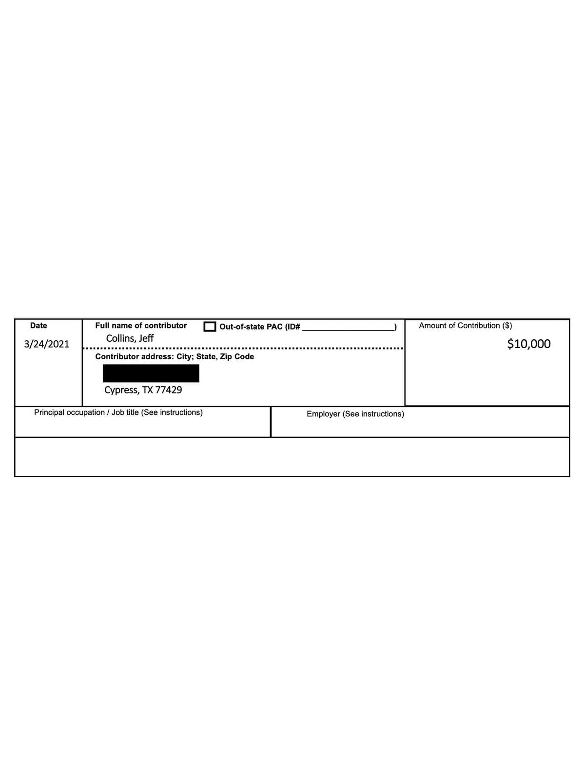 Partially filled out campaign contribution form