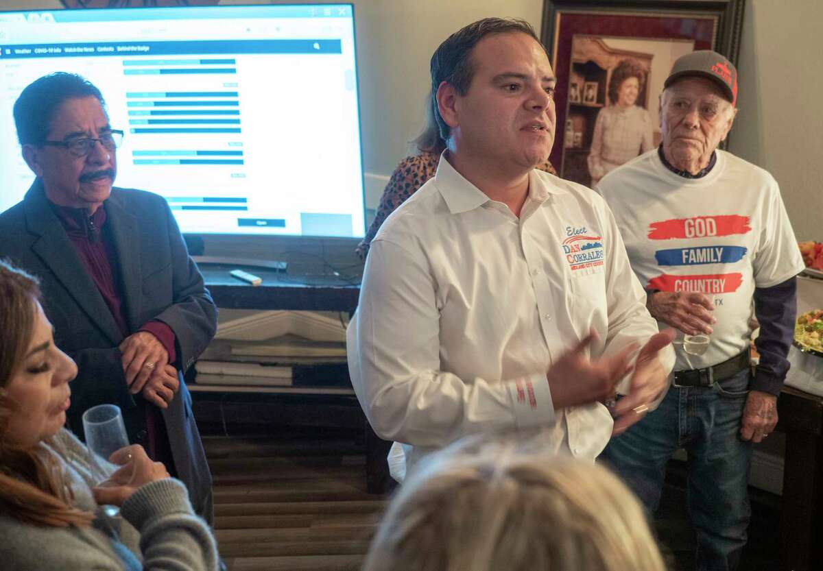 Dan Corrales talks with his supporters 11/02/2021 evening as voting results are released placing him in second place for an at-large seat on the Midland City Council. Tim Fischer/Reporter-Telegram