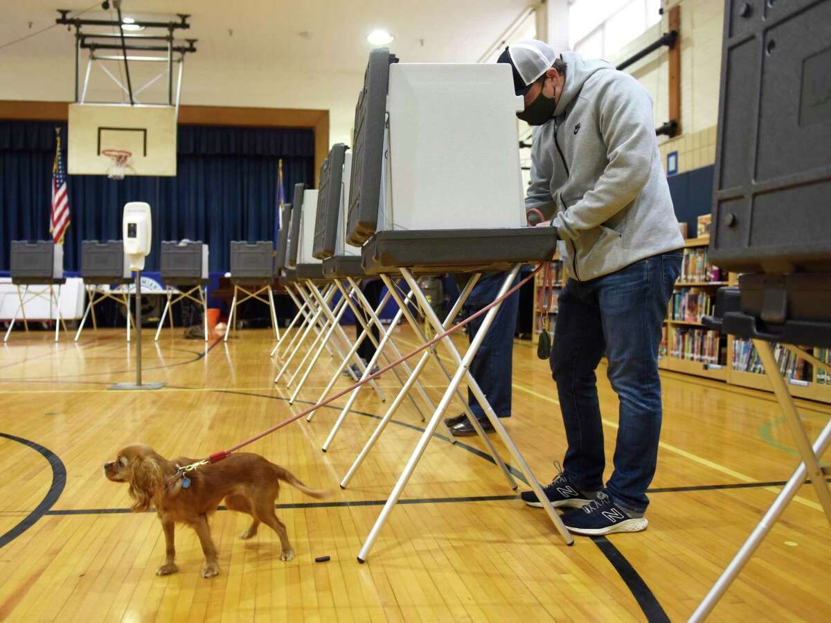 Riverside's Jonathan Wren votes with his dog Roo, at the District 12 polling center at North Mianus School on Tuesday.