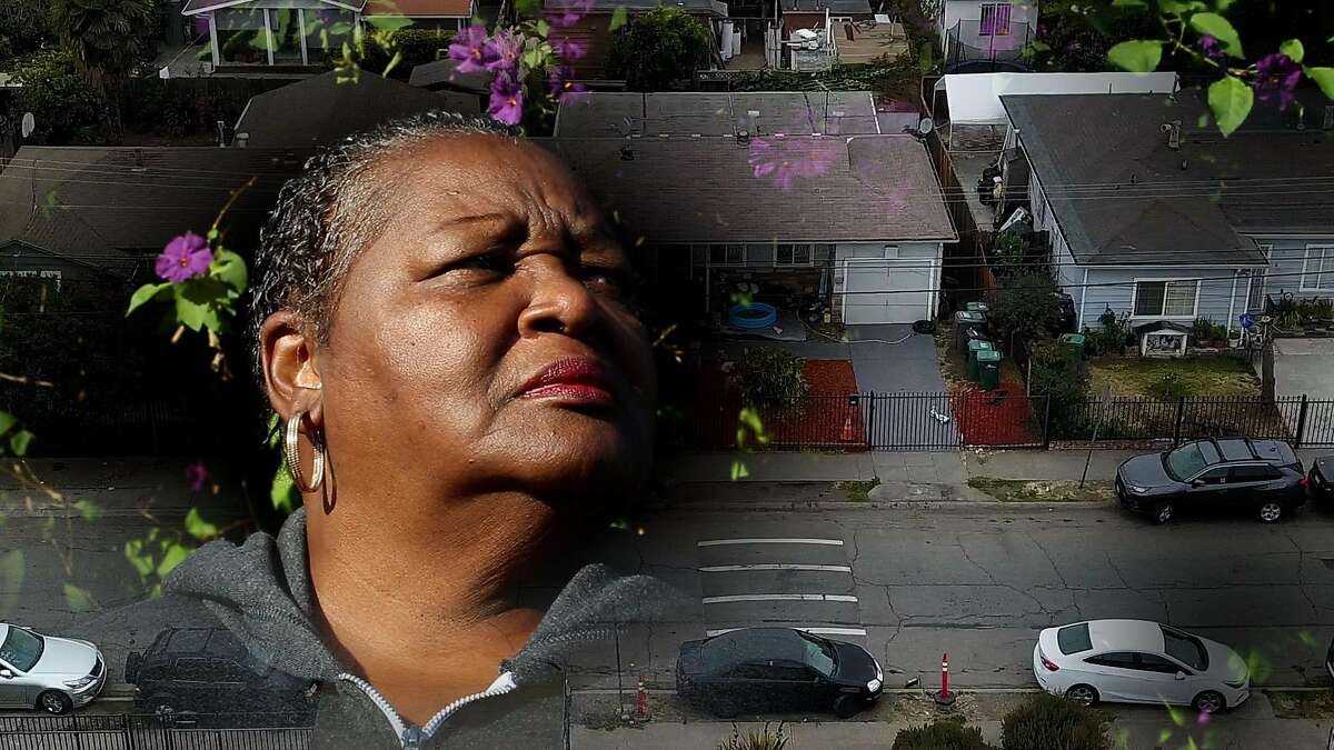In this double exposure, Delbra Taylor can be seen next to her childhood home in East Oakland.