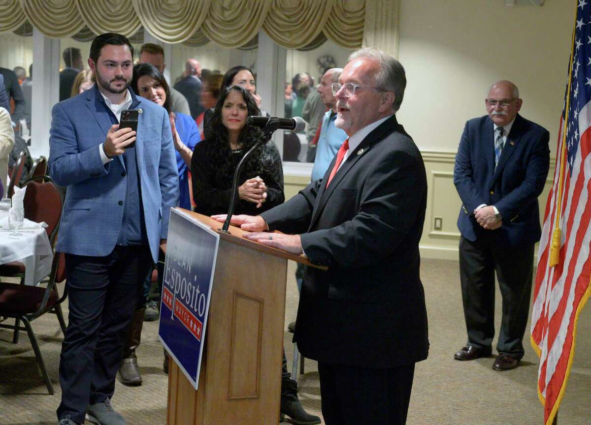 Dean Esposito speaks to the crowd gathered at the Amerigo Vespucci Lodge on election night, Tuesday, November 2, 2021, in Danbury, Conn.