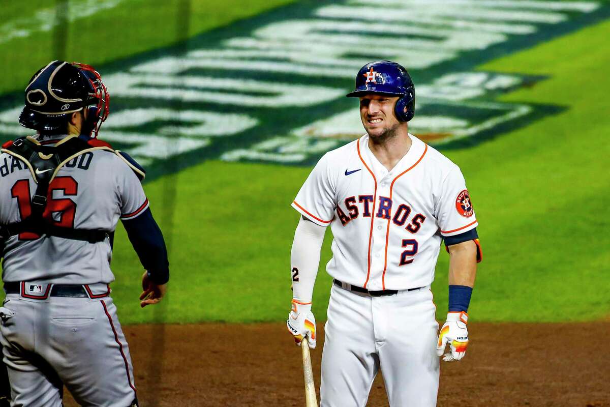 Houston Astros third baseman Alex Bregman (2) reacts to a strike call as he strikes out looking during the fifth inning of Game 6 of the World Series on Tuesday, Nov. 2, 2021 at Minute Maid Park in Houston.