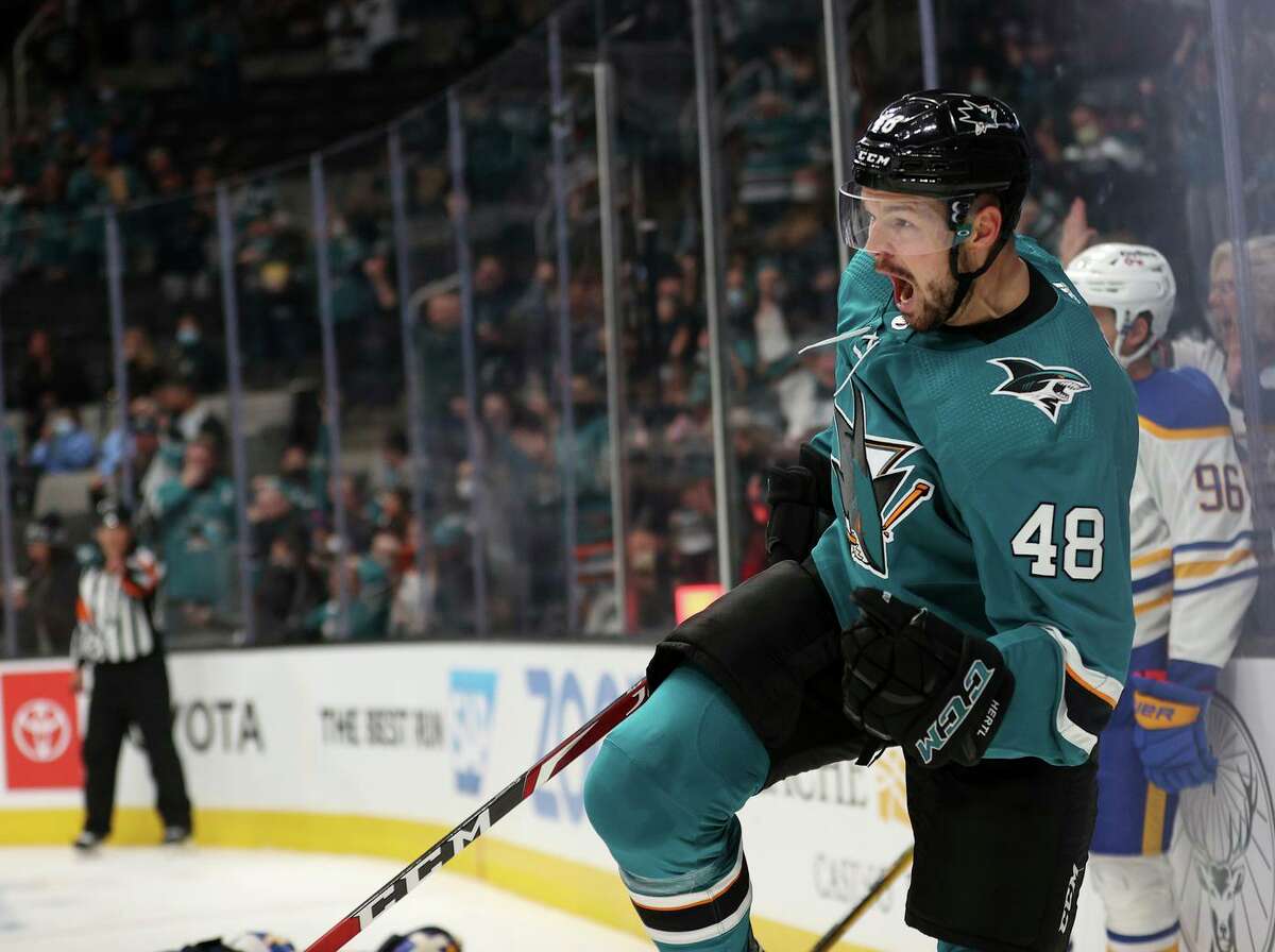 The Sharks’ Tomas Hertl celebrates a goal in the second period Tuesday that extended San Jose’s lead to 3-1 at SAP Center in San Jose. He would score another goal in the third period.