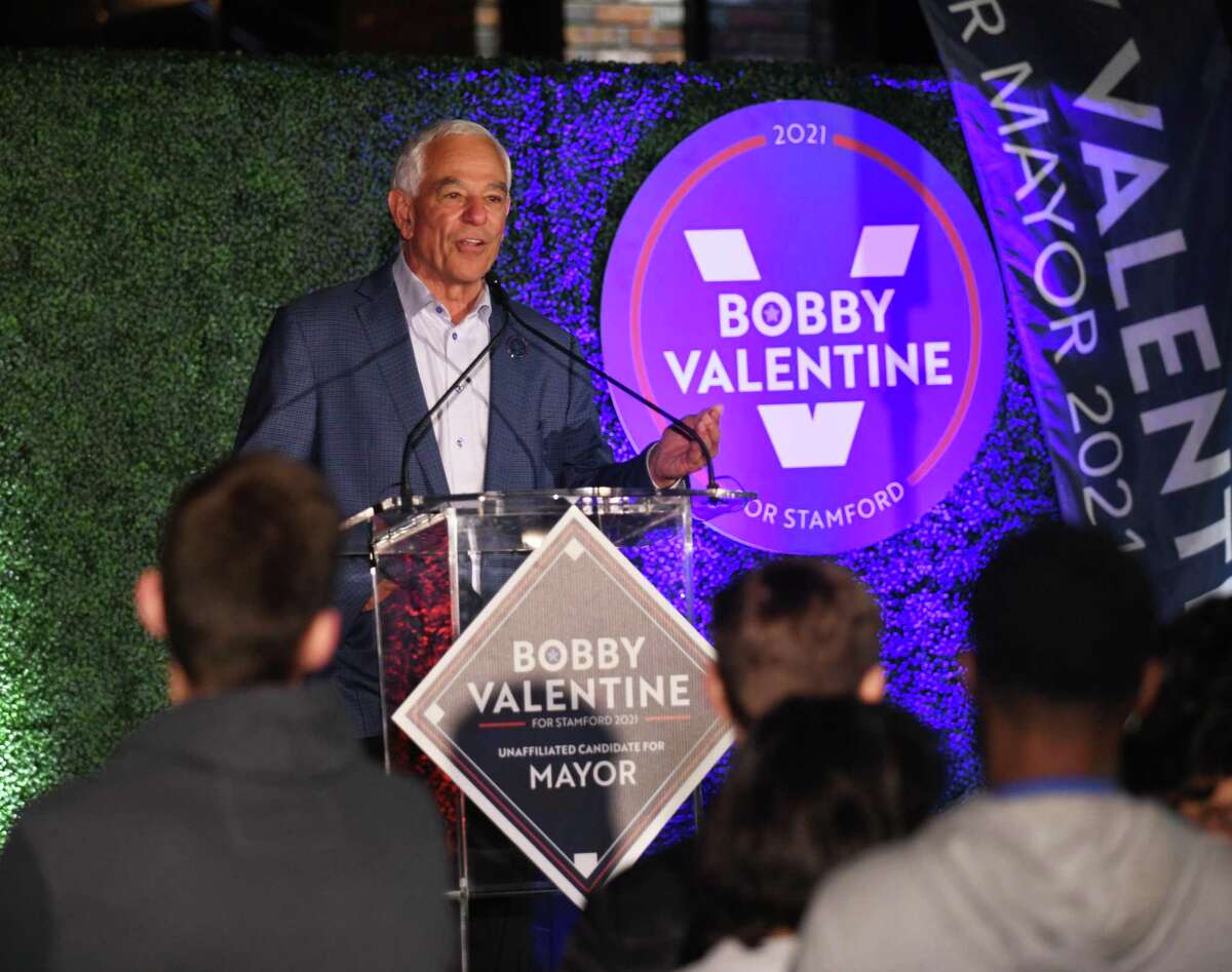 Mayoral candidate Bobby Valentine speaks to his supporters at The Village in Stamford, Conn. Tuesday, Nov. 2, 2021.