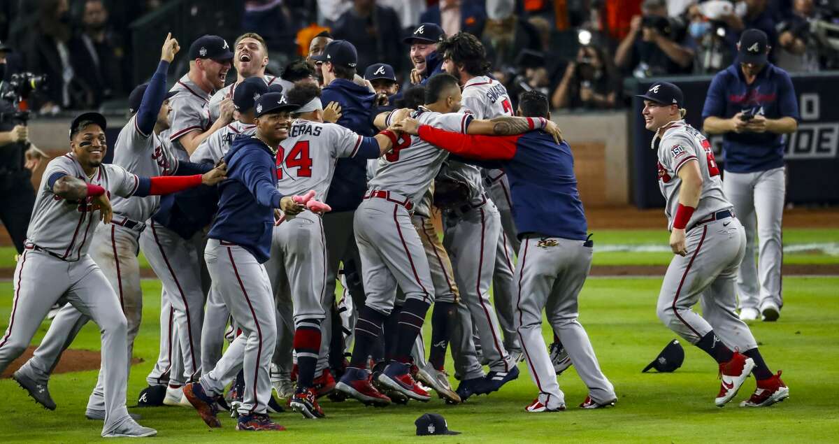 The Atlanta Braves celebrate their World Series title with a 7-0 win of Game 6 of the World Series on Tuesday, Nov. 2, 2021 at Minute Maid Park in Houston.