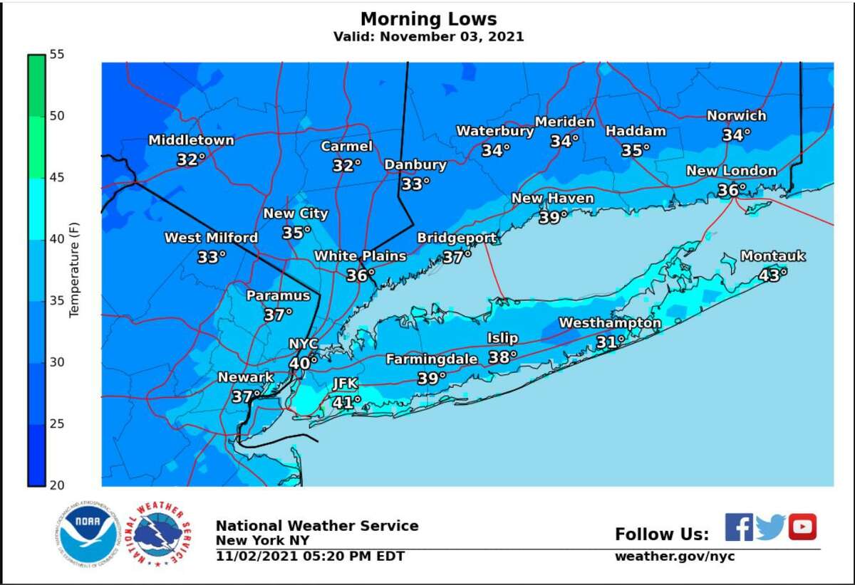 Low temperatures forecast for the region early Wednesday, Nov. 3, 2021.