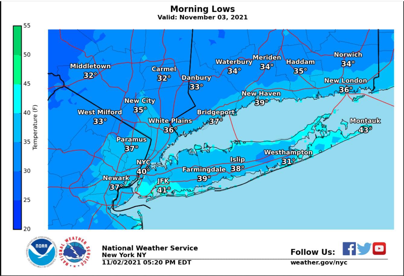 Areas of CT under freeze warning