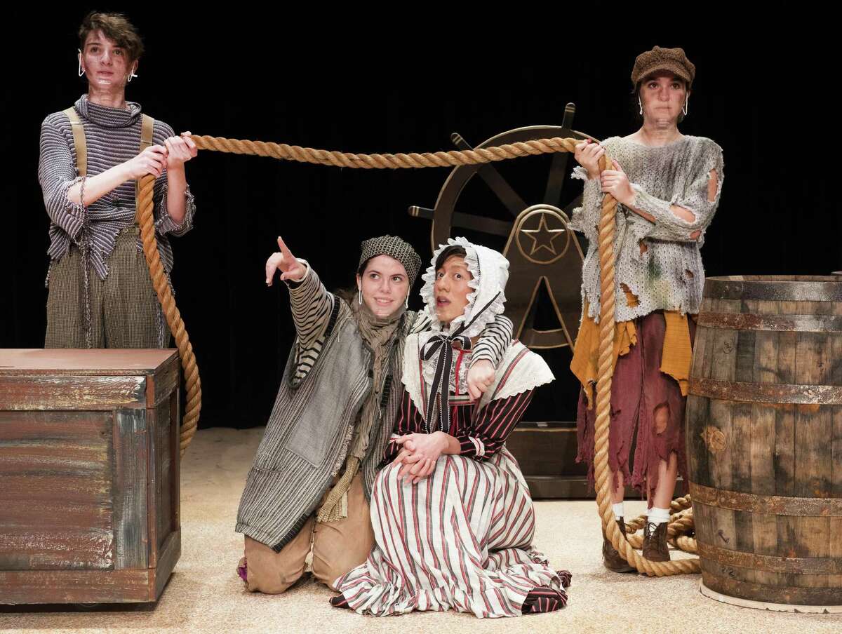 Ella DeLuca, Finnegan Ryder, Emmy Baer, Lucy Beach in Wilton High School Theater’s production of Peter and Starcatcher. The show opens Wednesday, Nov. 10.