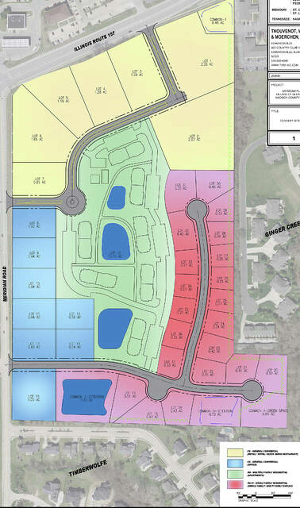 The color-coding on this Meridian Plaza conceptual aerial layout identifies the following: gold - commercial/retail; blue - professional/medial office space; green - multi-family residential; and red - single-family and/or double-family residential.