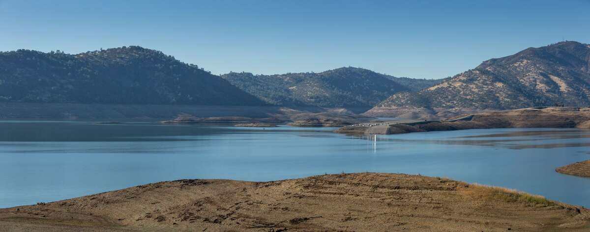 New Melones Reservoir, a large lake (842,513 acre-feet) straddling Tuolumne and Calaveras counties and capturing the flow of the Stanislaus River, near Tuttletown, California.