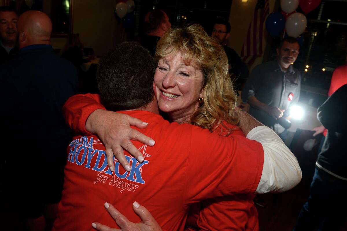 Mayor Laura Hoydick greets supporters as she arrives for a victory party at Riverview Bistro in Stratford, Conn. on Elections Night, Nov. 2, 2021.
