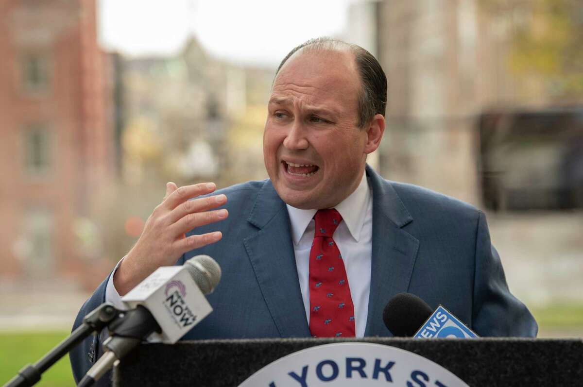 New York Republican Chairman Nick Langworthy makes comments on last night's election results and what they portend for the critical 2022 statewide, midterm, and legislative races at a press conference outside the Capitol on Wednesday, Nov. 3, 2021 in Albany, N.Y.